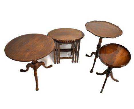 A nest of three mahogany oval occasional tables, a mahogany circular tripod occasional table (cut down from Georgian table), 