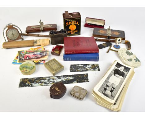 A group of collectors' items including a bamboo-effect walking stick, a pair of opera glasses, a set of four bridge/cards mar