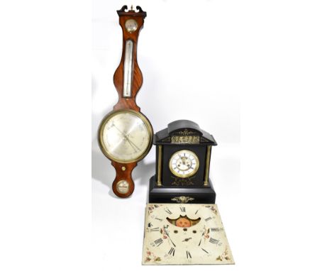 VALERY OF PARIS; a 19th century slate mantel clock with applied gilt metal panels flanking the circular enamel dial with Roma