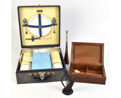 BREXTON; a vintage cased picnic set, together with assorted collectors' items, including a copper hunting horn, a bog oak mod