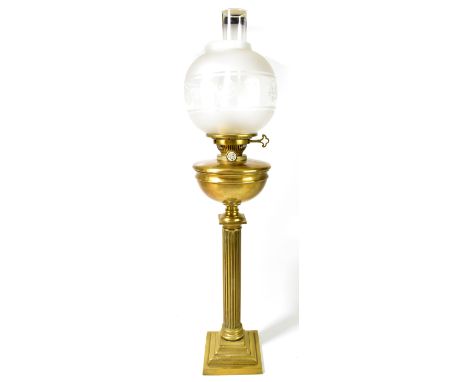 HINKS DUPLEX; a 19th century brass oil lamp with clear, opaque and etched globular shade and clear chimney on Hinks' Benetfin