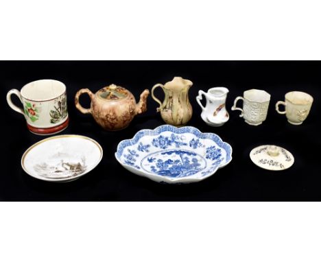 A group of 18th century and later porcelain and stoneware including a smallw whieldon-type teapot with relief sprays, grapes 