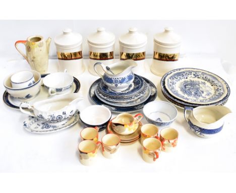 A large group of predominately blue and white ceramic tableware including Spode lidded jar, mug and six plates, Wedgwood 'Kue