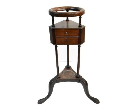 A Georgian mahogany wig stand with two drawers raised on tripod supports, height 77cm.Additional InformationGeneral wear, one