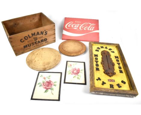 COLMAN'S MUSTARD; an original advertising wooden crate, length 41cm, two vintage bread boards, a Dunlop Tyres modern wooden f