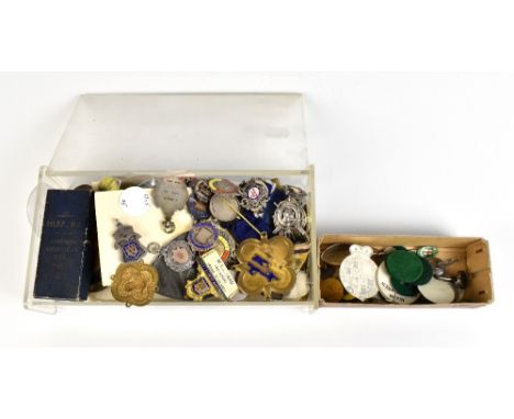 A large and interesting collection of enamelled fobs, many being silver, some relating to Warrington, some relating to Masoni