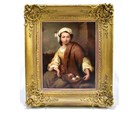 UNATTRIBUTED; a late 19th century oil on canvas, study of a young woman holding flowers in her scarf, unsigned, 34 x 27cm, fr
