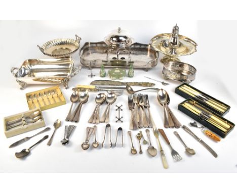 A quantity of assorted silver plate including large tray, basket, assorted flatware, etc.Additional InformationTarnishing, de