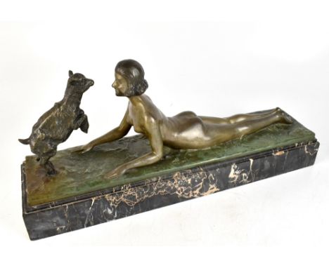An Art Deco bronzed spelter figure of a nude young lady facing a prancing lamb, with impressed signature 'J.D'Aote', on stepp
