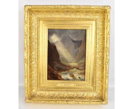 EDWARD HARGITT (Scottish, 1835-95); oil on board, Scottish Highland scene with river, bridge and mountains, signed with monog