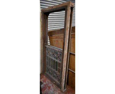 A Victorian sash window frame with two original leaded stained glass windows, each approx 95 x 73cm.