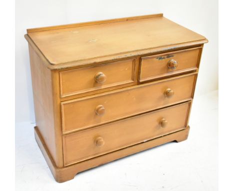 A 19th century stained pine small chest of two short and two long drawers on bracket feet, height 83cm, length 100cm, depth 5