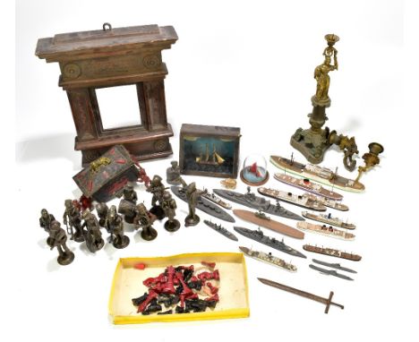 A set of painted lead chess pieces, a gilt metal figural candelabrum (af), a group of metal figures of musicians, model boats