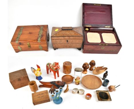 An early 19th century burr yew wood two division tea caddy raised on embossed brass feet, width 22cm (af), a 1930s American c