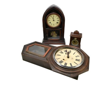 ROTHERHAM'S; a reproduction mahogany veneered mantel clock, the brass dial with applied silvered face, height including swing