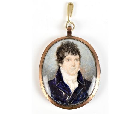 19TH CENTURY ENGLISH SCHOOL; oval portrait miniature of a gentleman wearing white cravat and blue jacket with hair section to