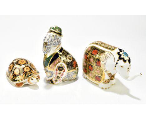 ROYAL CROWN DERBY; three animal paperweights to include 'Madagascan Tortoise' from the Endangered Species series, no.50/1000,