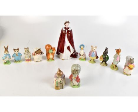 BESWICK; ten Beatrix Potter figures including Little Black Rabbit, Tom Kitten, Pigling Land, (four af) etc , two Royal Albert