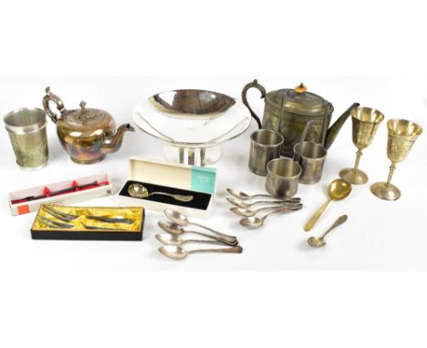 A small collection of assorted silver plated items, including a bullet teapot, height 12cm, assorted flatware, etc.Additional