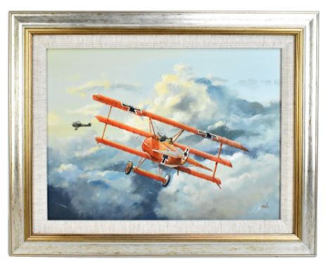 DAVID WILSON; acrylic on board, 'Dawn Ambush! The Red Baron Fokker Triplane stalking a SE5A', signed, inscribed on artist's o