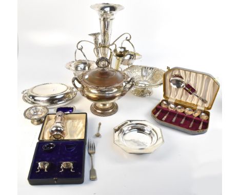 A quantity of assorted 19th century and later silver plate including a large epergne/basket, terrine and cover, various flatw