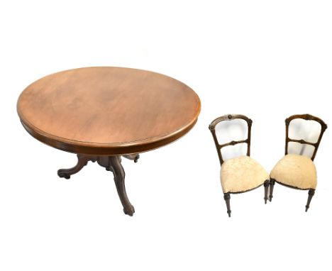 A Victorian mahogany tilt top breakfast table on tripod supports, diameter 120cm, and a set of four late 19th century bar bac