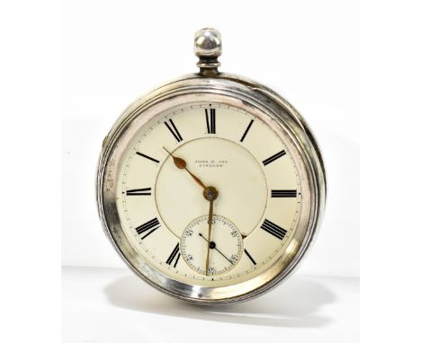 JOHN R JOY LINDLEY; a key wind hallmarked silver cased pocket watch, the enamel dial with Roman numerals and subsidiary secon