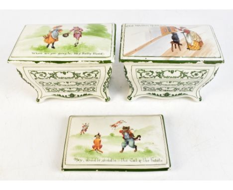 ROYAL DOULTON FOR HUNTLEY &amp; PALMERS; two nursery rhyme ceramic biscuit boxes to include 'Old Mother Hubbard', height 13cm