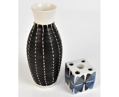 ROYAL COPENHAGEN; a Fajance cube vase, height 6.25cm and a Denby stoneware vase, height 21cm (2).Additional InformationA few 