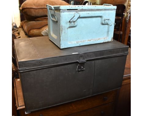 A twin handled tin trunk, height 36.5cm, width 76.5cm, depth 46.5cm, and a light blue painted box/cooler stamped 'H50 VAL I 1