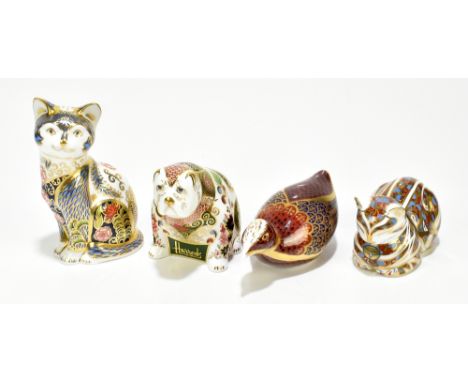 ROYAL CROWN DERBY; four animal paperweights to include 'Fireside Cat' no.276/950, 'Harrods Bulldog' no21/500, signed in gilt 