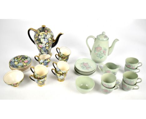 SPODE; a 'Mystic' pattern six setting coffee set and an Empire England part coffee set comprising pot, cream jug, six saucers