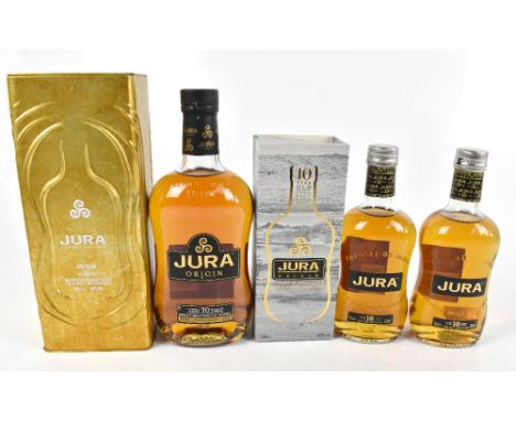 WHISKY; three bottles of Jura 'Aged 10 Years' Single Malt Scotch Whisky, one Origin 70cl and two 35cl, all 40%, two in presen