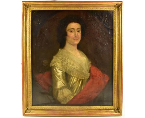 18TH CENTURY ENGLISH SCHOOL; portrait of a woman wearing lace adorned dress, unsigned, 73 x 61cm, framed (af).Additional Info