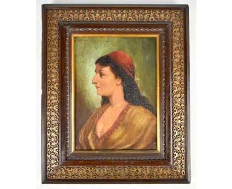 ALFRED ELLIS (active late 19th century); oil on board, a Pre-Raphaelite-type portrait of a lady in red cap and gold dress, si