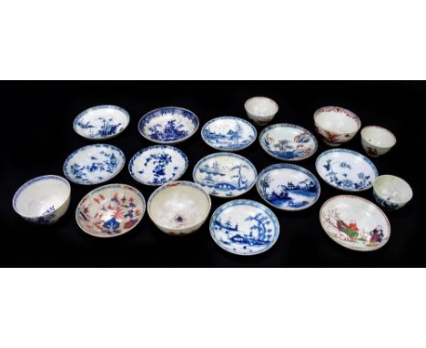A group of 18th century porcelain including twelve assorted saucers and six tea bowl, various patterns and factories includin