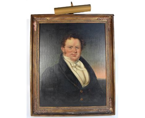 UNATTRIBUTED; a 19th century oil on canvas, portrait of a portly gentleman, apparently unsigned in an ornate gilt frame, 74.5