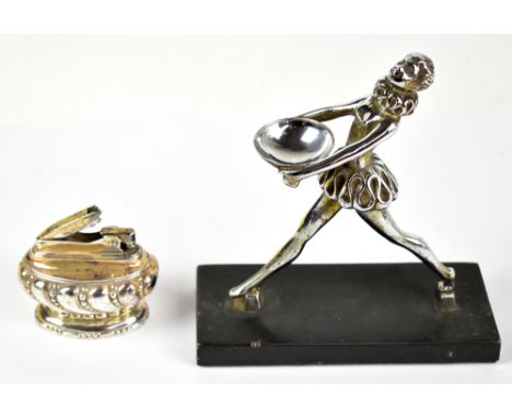 RONSON;&nbsp; a boxed 'Crown' table cigarette lighter and Art Deco chromed Pierette figure on rectangular base with Ronson la