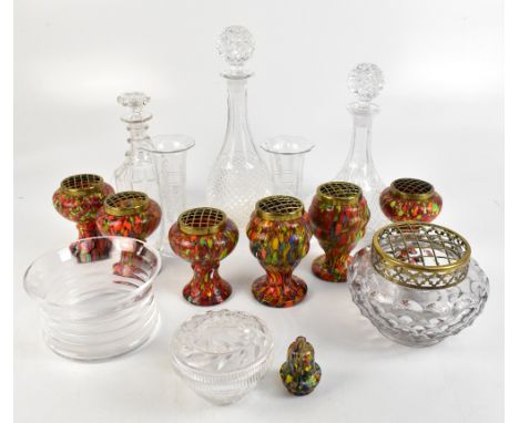 A selection of glassware&nbsp;including six End of Day glass posy vases,&nbsp;height of largest 14cm, 19th century decanter, 