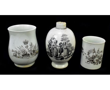 WORCESTER; an 18th century mug of baluster form with transfer detail depicting George II and Liberty, height 12cm, mug with t