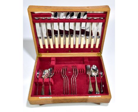 GARRARD &amp; CO LTD; a six setting canteen of silver plated Old English pattern cutlery comprising twelve knives with simula