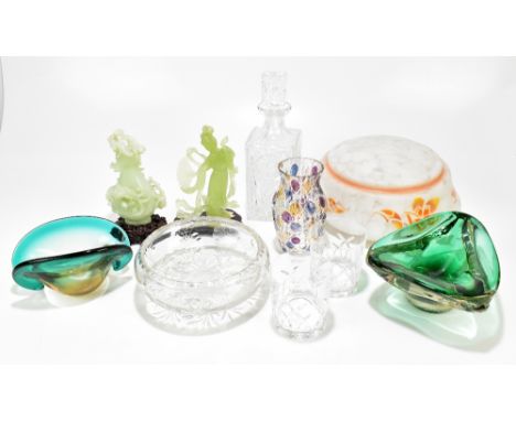 A small collection of assorted glass including two mid century glass bowls, one of triangular form, an Art Deco plafonnier, e