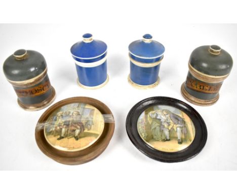 Four 19th century ceramic apothecary jars including two domed topped examples with two F &amp; R Pratt ware pot lids includin