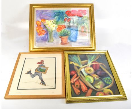 BARBARA BAKER; watercolour, floral study, signed lower left, 40 x 57cm, a further oil study of vegetables and embellished and