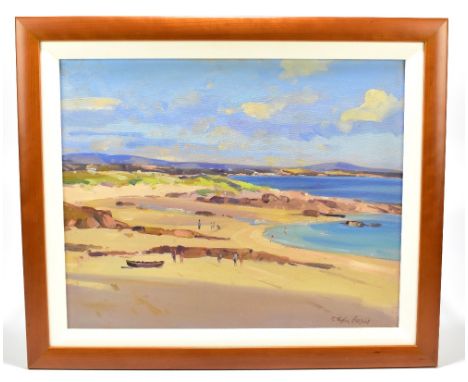 ROBERT TAYLOR CARSON (Irish, 1919-2008); oil on board, coastal landscape with figures on a beach in foreground, signed, 39.5 