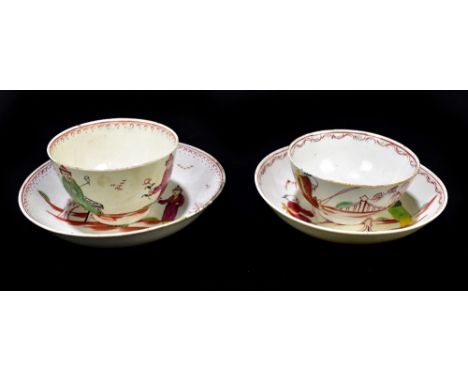 Two 18th century porcelain tea bowls and saucers, possibly Liverpool, each decorated with Oriental figures in landscape setti