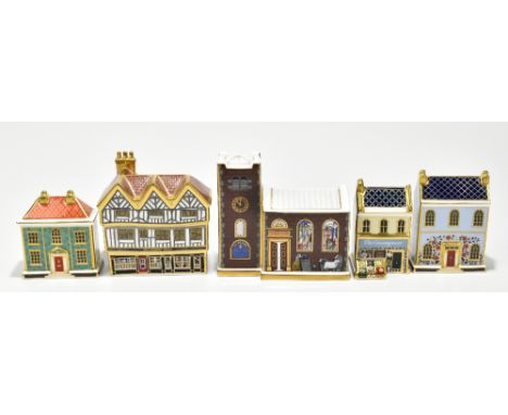 ROYAL CROWN DERBY; five paperweights to include 'Mulberry Hall Shop' no.295/500, 'Derby Townhouse' no.237/500, complete with 