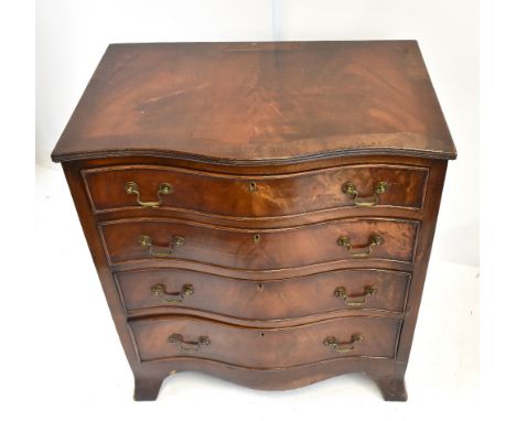 A reproduction mahogany and crossbanded four drawer serpentine front chest on splayed bracket feet, width 68cm, depth 42.5cm,