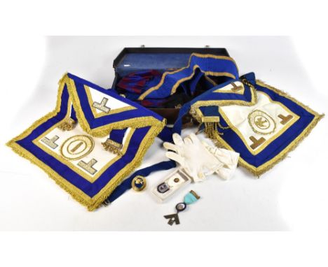 A collection of assorted Masonic regalia to include a hallmarked silver and enamelled pin badge from 'The Old Castle Lodge, N