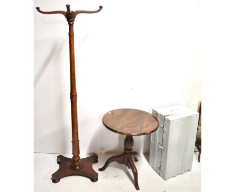 A mahogany coat stand incorporating 19th century elements, height 169cm, a tilt top tripod occasional table and a white paint